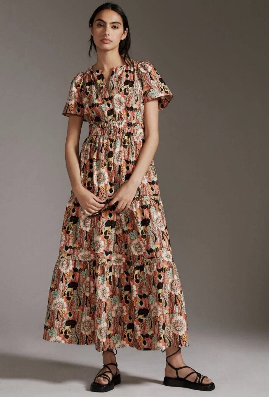 Anthropologie Maeve Somerset Maxi in Botanic Garden Tiered Cotton Dress M